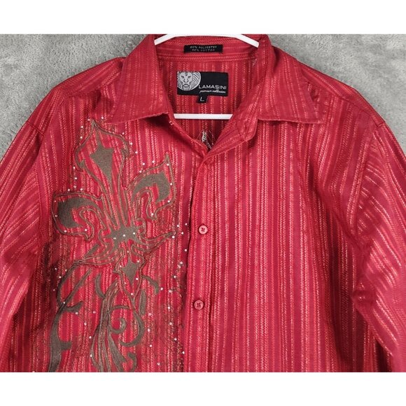 Lamasini Shirt Mens Large Red Striped Metallic Retro Button Up Long Sleeve - Picture 6 of 13